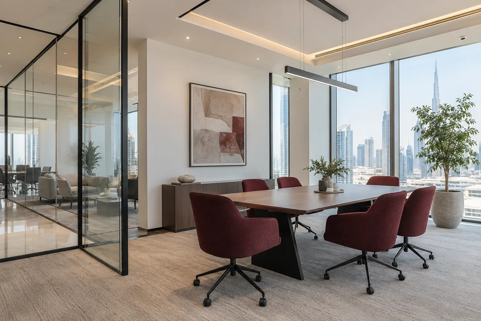 A contemporary office with crisp walls and glass partitions — illustrative image