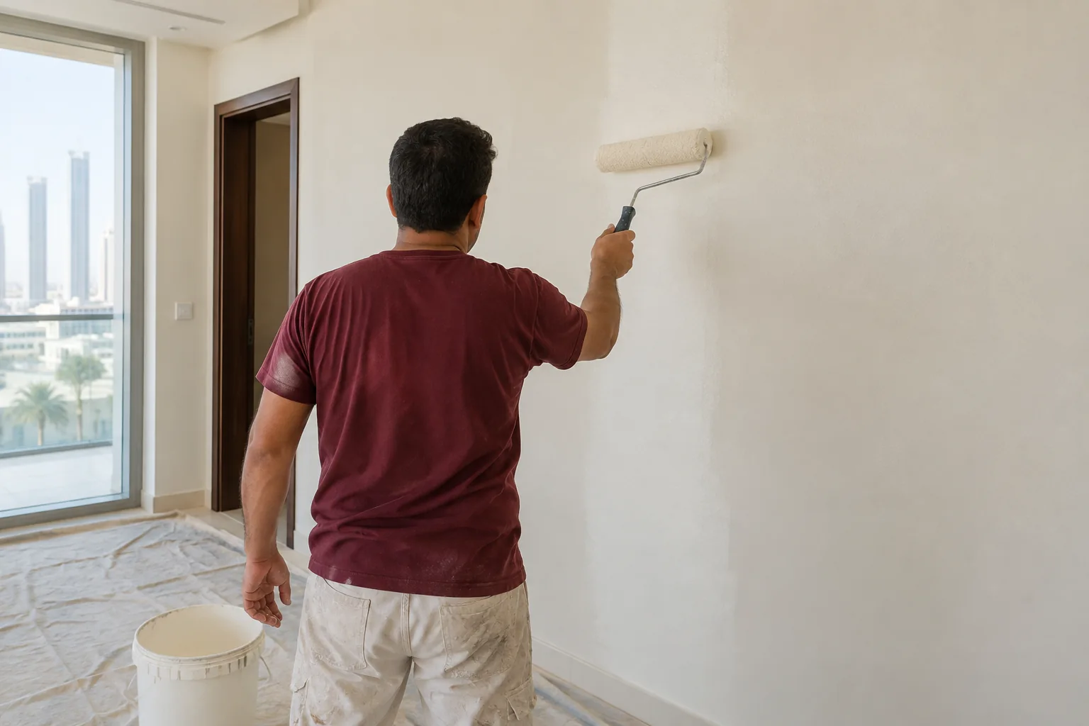 Wall painting with protected flooring and a roller — illustrative image