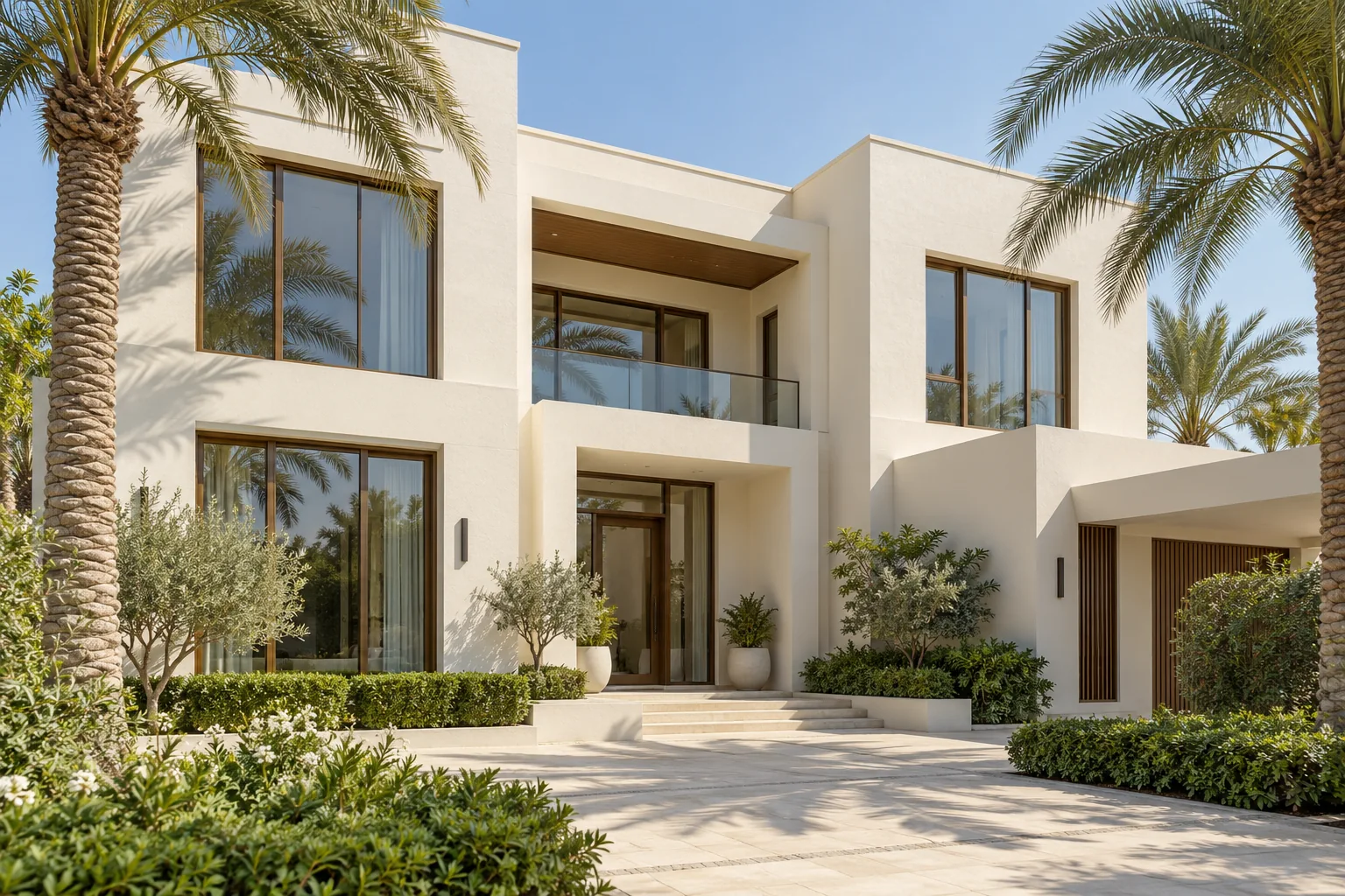 A contemporary villa exterior with a clean cream finish — illustrative image